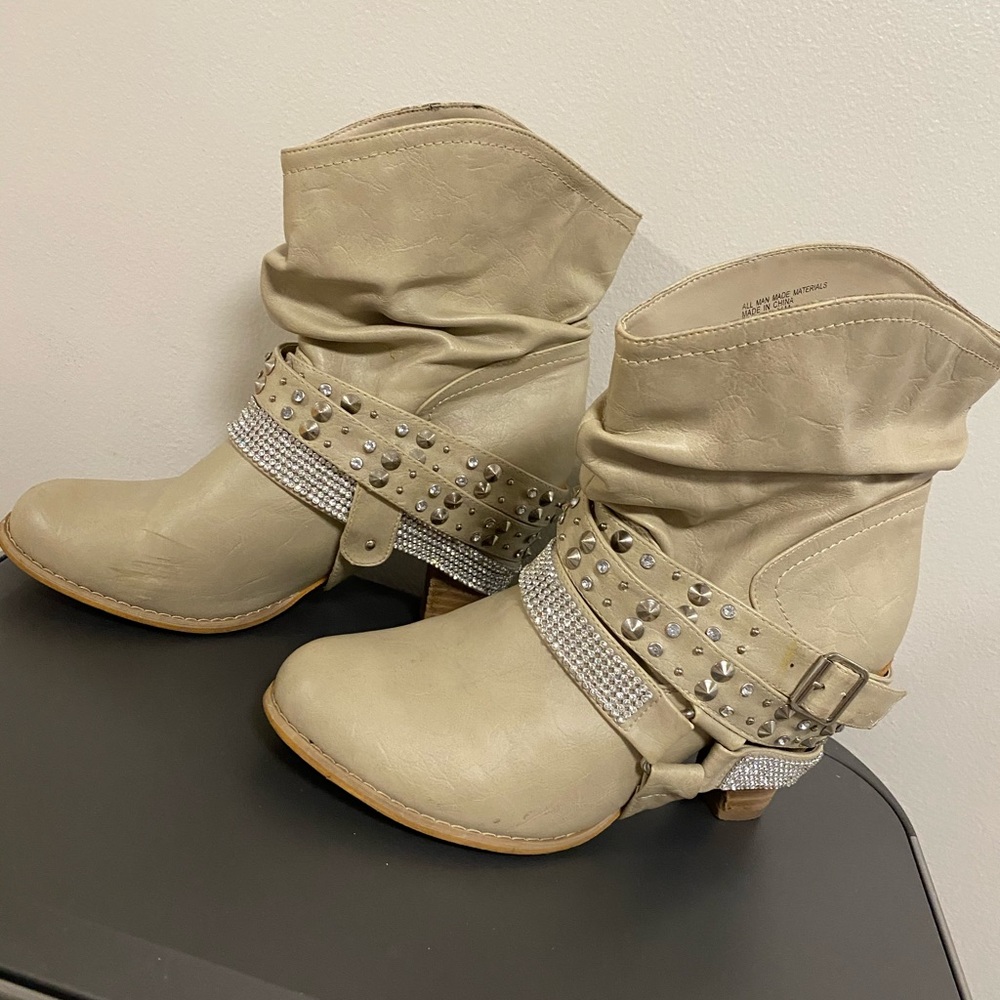 Studded Rhinestone Slouch Ankle Boots - Beige